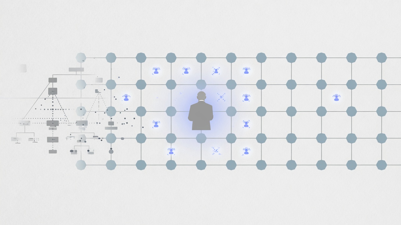 Abstract illustration of a flattened org lattice with AI agent nodes around a central leadership figure
