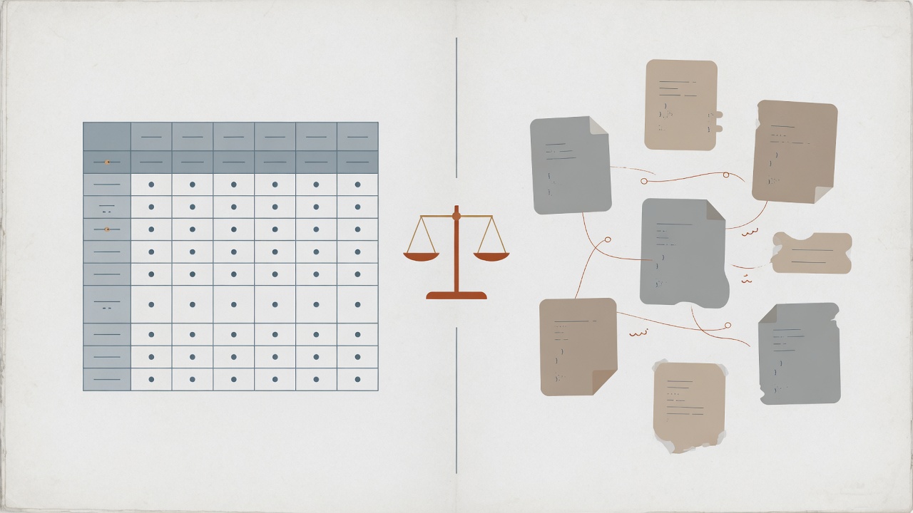 Illustration comparing ordered relational tables with flexible document nodes
